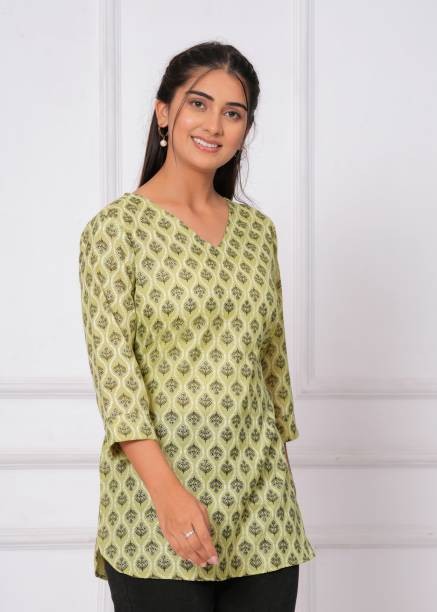 Women Printed Cotton Blend A-line Kurta  (Yellow)