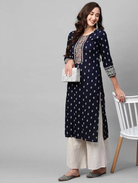 Pakistani Printed Cotton Blend A-line Kurta  (Yellow)