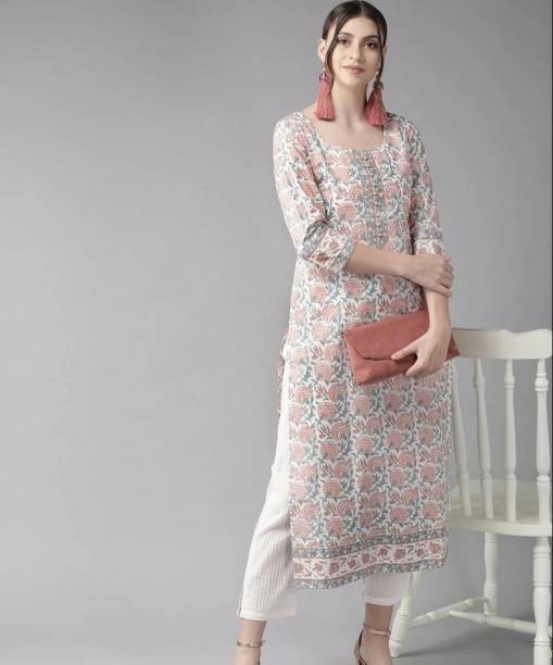 Women Printed Cotton Blend A-line Kurta  (Yellow)