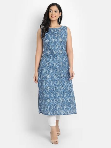 Women Printed Cotton Blend A-line Kurta  (Yellow)