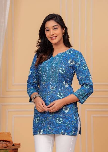 Women Printed Cotton Blend A-line Kurta  (Yellow)